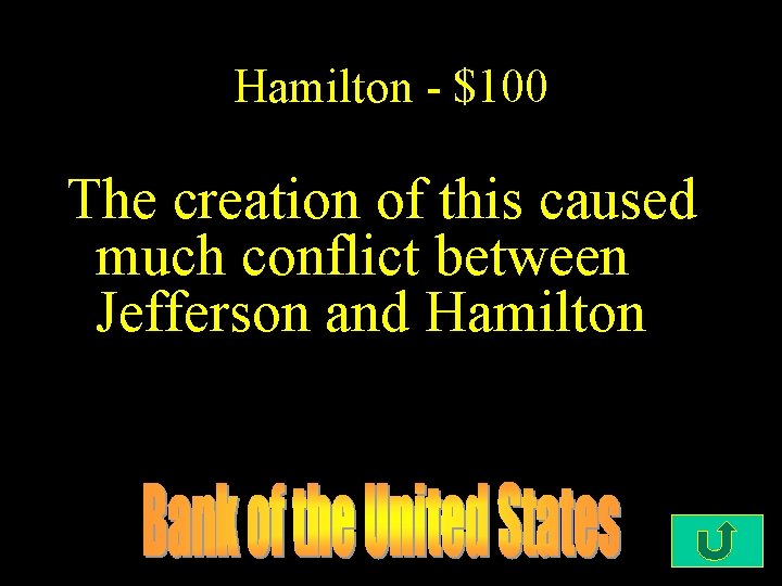 Hamilton - $100 The creation of this caused much conflict between Jefferson and Hamilton