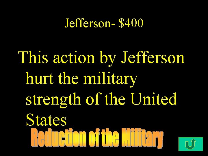 Jefferson- $400 This action by Jefferson hurt the military strength of the United States