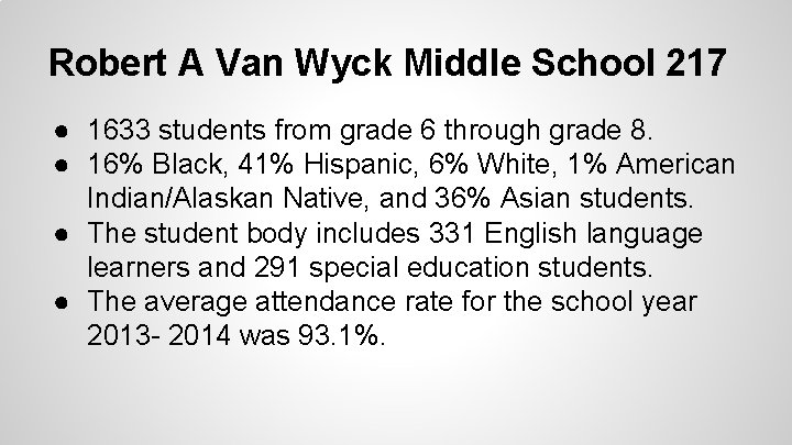 Robert A Van Wyck Middle School 217 ● 1633 students from grade 6 through