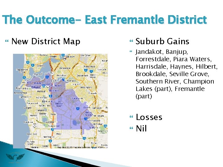 The Outcome- East Fremantle District New District Map Suburb Gains Jandakot, Banjup, Forrestdale, Piara
