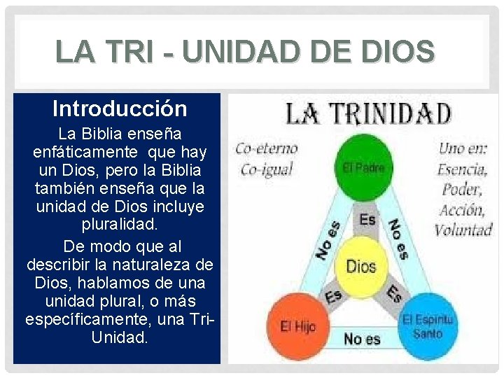 LA TRI - UNIDAD DE DIOS Introducción La Biblia enseña enfáticamente que hay un