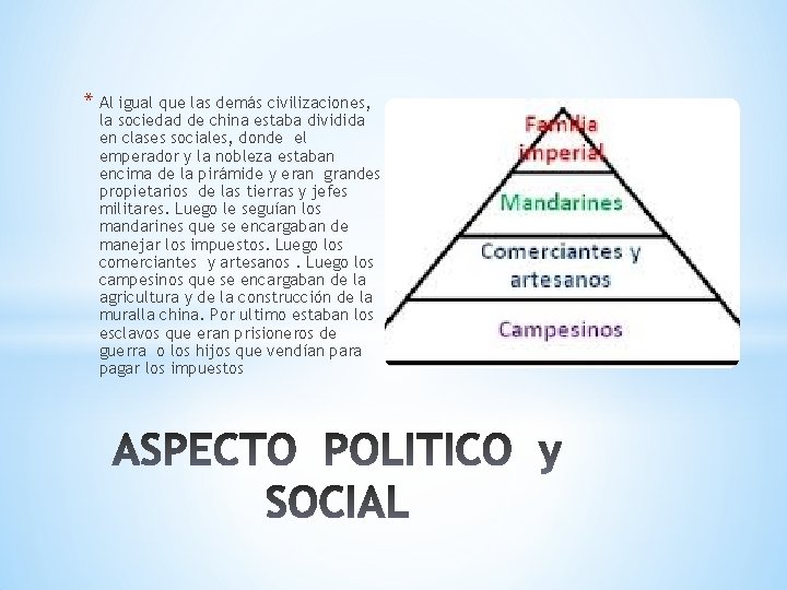 * Al igual que las demás civilizaciones, la sociedad de china estaba dividida en