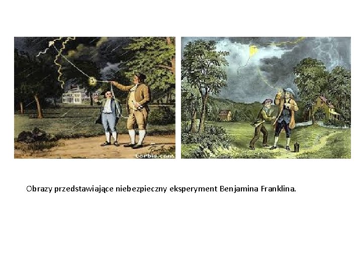 Obrazy przedstawiające niebezpieczny eksperyment Benjamina Franklina. 