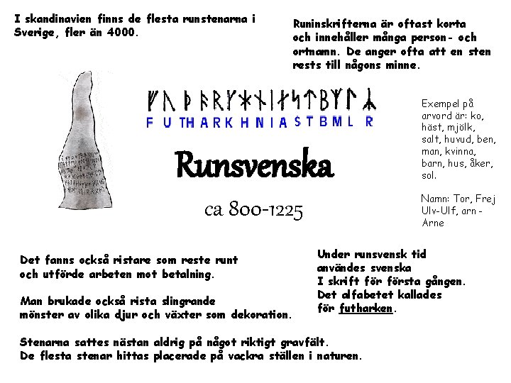 I skandinavien finns de flesta runstenarna i Sverige, fler än 4000. Runinskrifterna är oftast