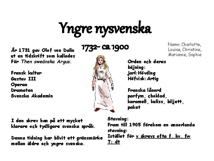 Yngre nysvenska År 1731 gav Olof von Dalin ut en tidskrift som kallades För