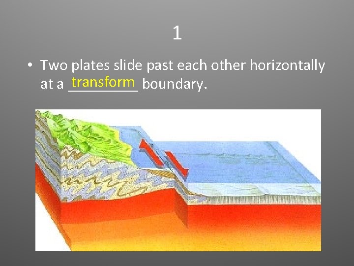 1 • Two plates slide past each other horizontally transform boundary. at a _____