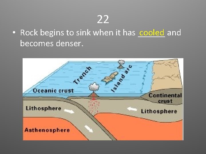 22 • Rock begins to sink when it has ______ cooled and becomes denser.