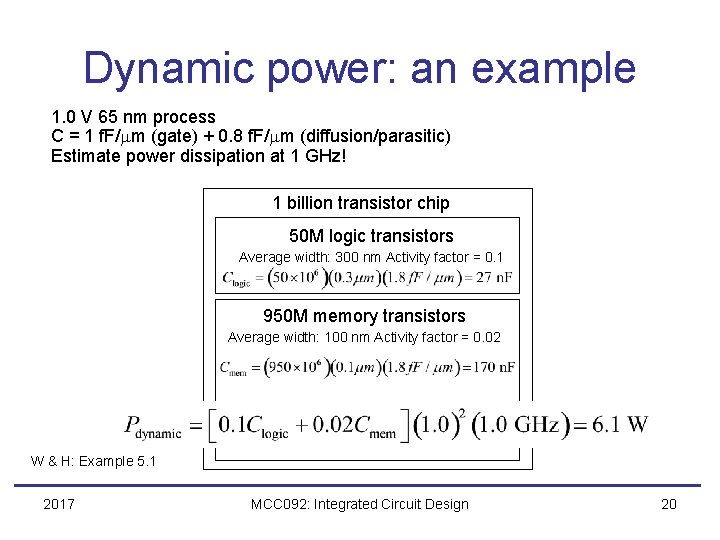 Dynamic power: an example 1. 0 V 65 nm process C = 1 f.