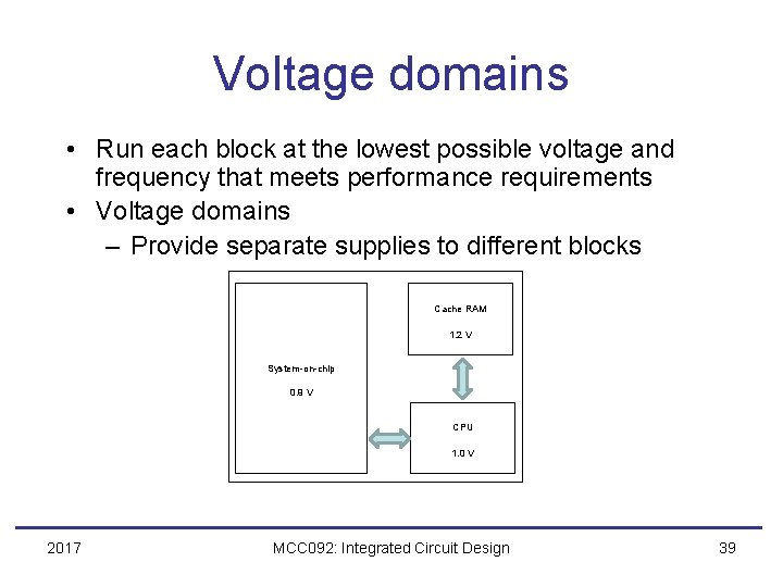 Voltage domains • Run each block at the lowest possible voltage and frequency that