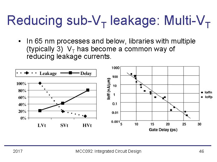 Reducing sub-VT leakage: Multi-VT • In 65 nm processes and below, libraries with multiple