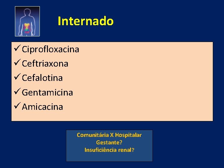 Internado ü Ciprofloxacina ü Ceftriaxona ü Cefalotina ü Gentamicina ü Amicacina Comunitária X Hospitalar