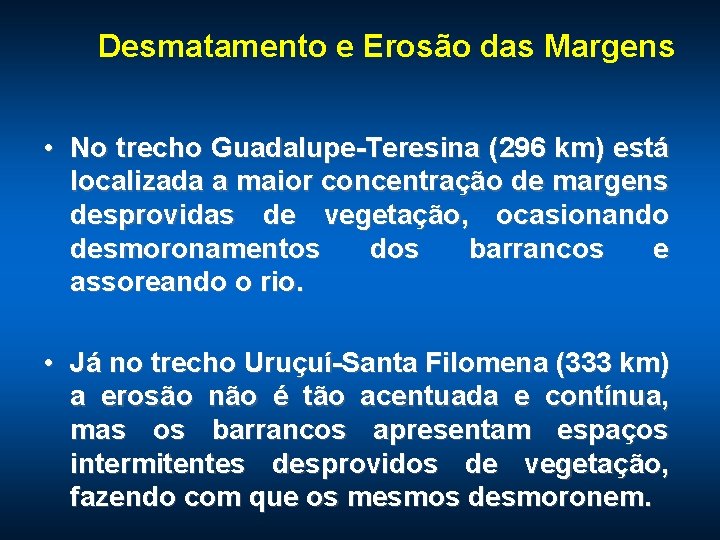 Desmatamento e Erosão das Margens • No trecho Guadalupe-Teresina (296 km) está localizada a