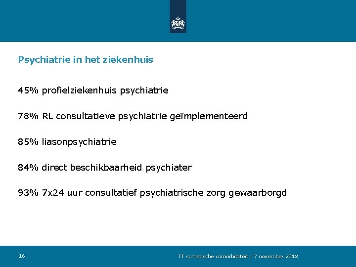 Psychiatrie in het ziekenhuis 45% profielziekenhuis psychiatrie 78% RL consultatieve psychiatrie geïmplementeerd 85% liasonpsychiatrie