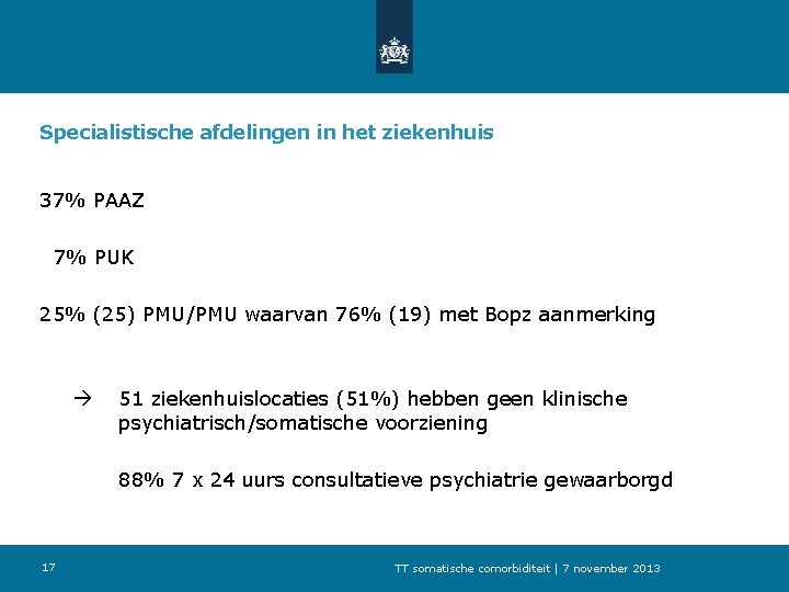 Specialistische afdelingen in het ziekenhuis 37% PAAZ 7% PUK 25% (25) PMU/PMU waarvan 76%