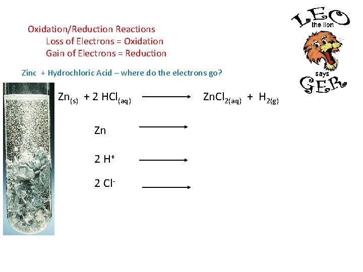 Oxidation/Reduction Reactions Loss of Electrons = Oxidation Gain of Electrons = Reduction Zinc +