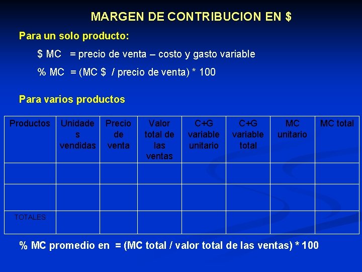 MARGEN DE CONTRIBUCION EN $ Para un solo producto: $ MC = precio de