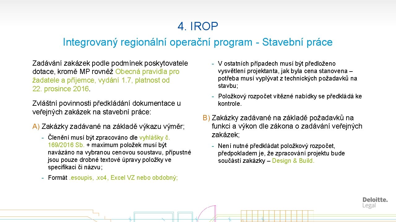 4. IROP Integrovaný regionální operační program - Stavební práce Zadávání zakázek podle podmínek poskytovatele