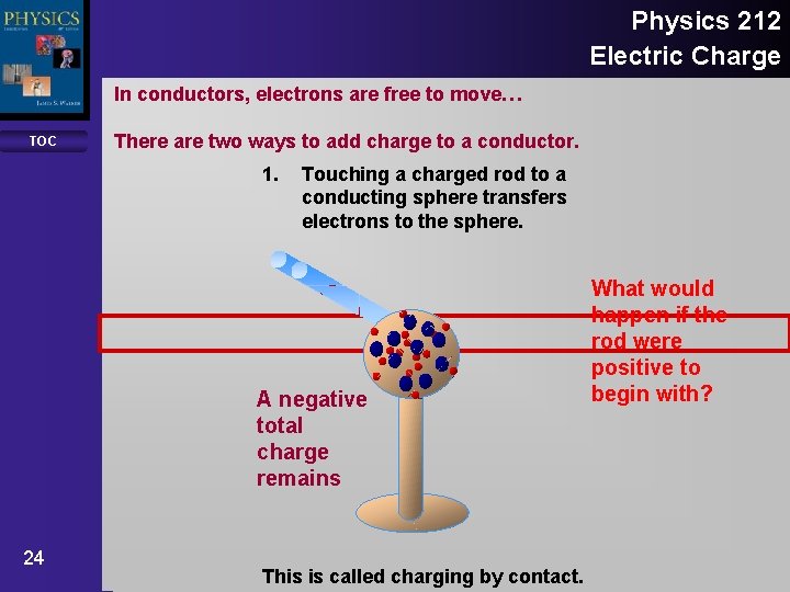 Physics 212 Electric Charge In conductors, electrons are free to move… TOC There are