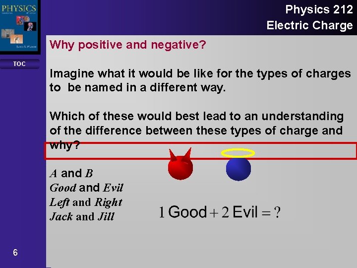 Physics 212 Electric Charge Why positive and negative? TOC Imagine what it would be