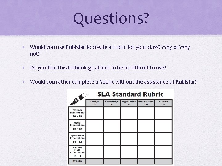 Questions? • Would you use Rubistar to create a rubric for your class? Why