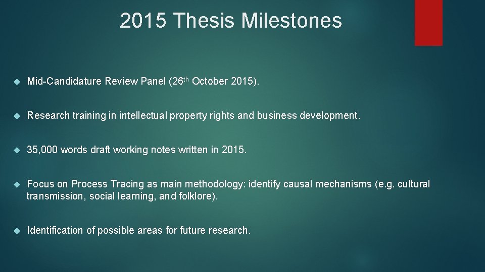 2015 Thesis Milestones Mid-Candidature Review Panel (26 th October 2015). Research training in intellectual