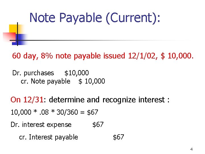 Note Payable (Current): 60 day, 8% note payable issued 12/1/02, $ 10, 000. Dr.