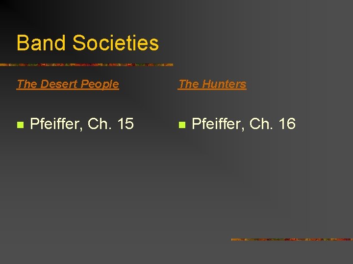 Band Societies The Desert People n Pfeiffer, Ch. 15 The Hunters n Pfeiffer, Ch.