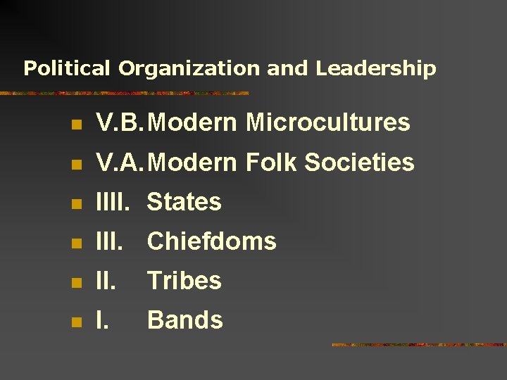 Political Organization and Leadership n V. B. Modern Microcultures n V. A. Modern Folk