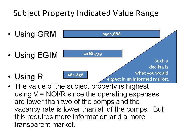 Subject Property Indicated Value Range • Using GRM $300, 688 • Using EGIM •