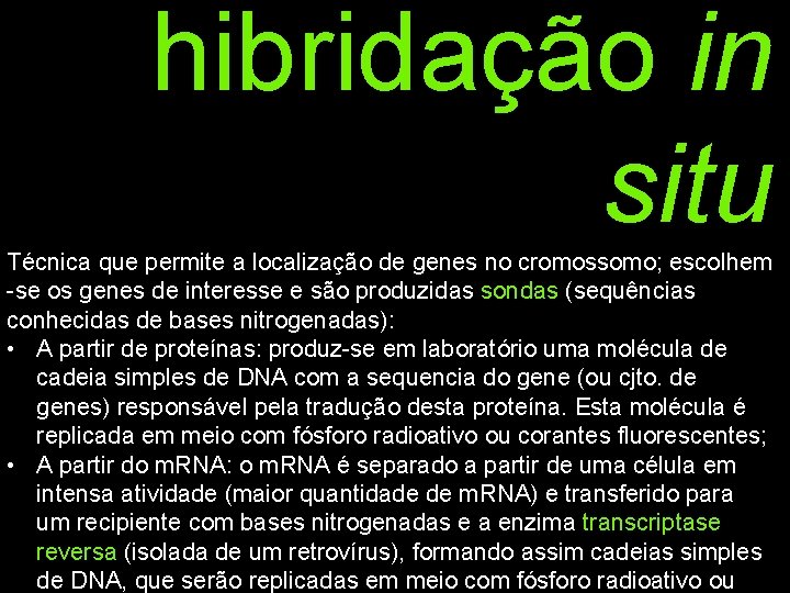 hibridação in situ Técnica que permite a localização de genes no cromossomo; escolhem -se