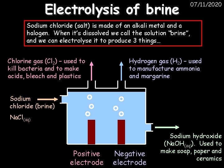 Electrolysis of brine 07/11/2020 Sodium chloride (salt) is made of an alkali metal and