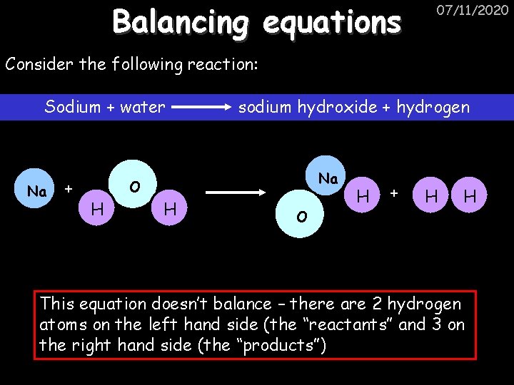 Balancing equations 07/11/2020 Consider the following reaction: Sodium + water Na + sodium hydroxide