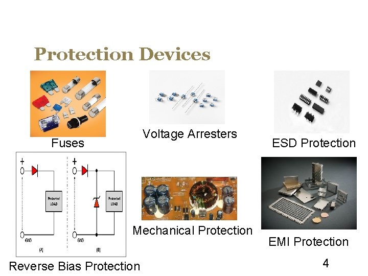 Protection Devices Voltage Arresters Fuses Mechanical Protection Reverse Bias Protection ESD Protection EMI Protection