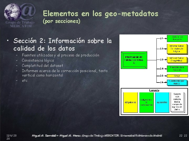 Elementos en los geo-metadatos (por secciones) • Sección 2: Información sobre la calidad de