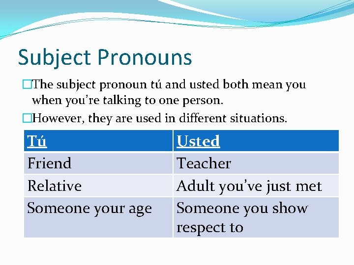 Subject Pronouns �The subject pronoun tú and usted both mean you when you’re talking
