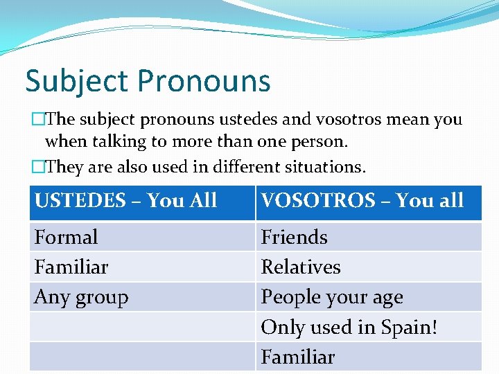 Subject Pronouns �The subject pronouns ustedes and vosotros mean you when talking to more