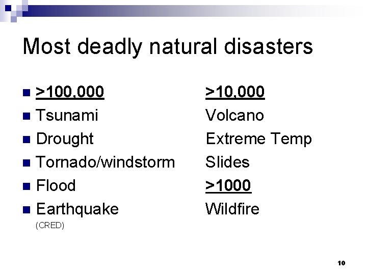 Most deadly natural disasters >100, 000 n Tsunami n Drought n Tornado/windstorm n Flood