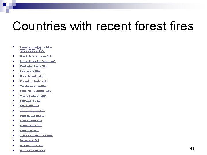 Countries with recent forest fires n Dominican Republic, April 2005 Syria, October 2004 Australia,
