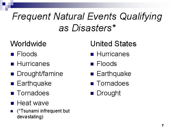 Frequent Natural Events Qualifying as Disasters* Worldwide n n n n Floods Hurricanes Drought/famine