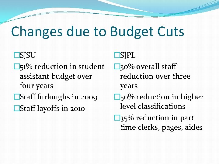 Changes due to Budget Cuts �SJSU � 51% reduction in student assistant budget over