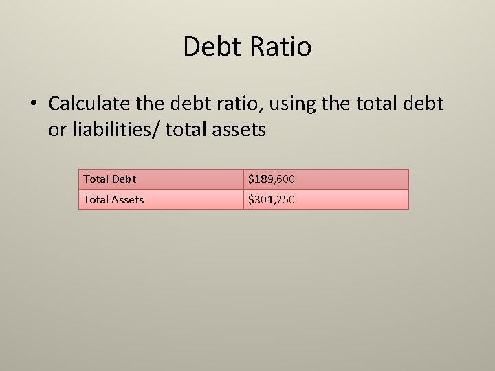 Debt Ratio • Calculate the debt ratio, using the total debt or liabilities/ total