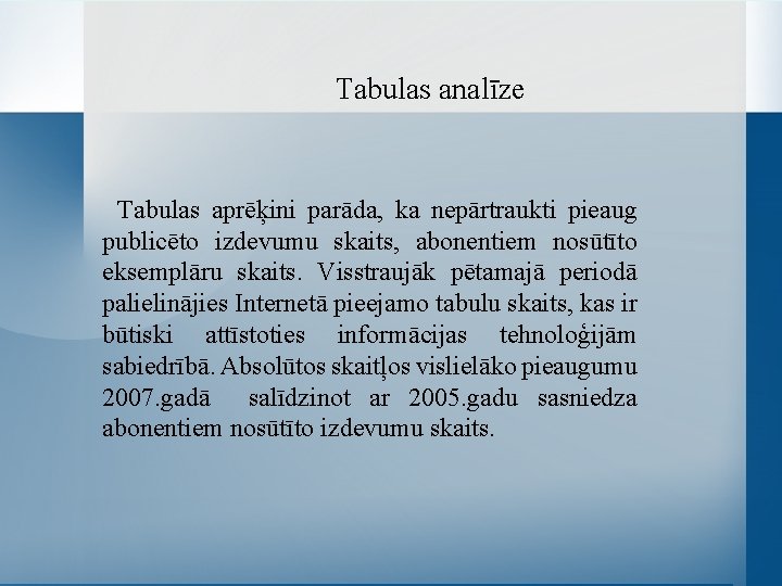 Tabulas analīze Tabulas aprēķini parāda, ka nepārtraukti pieaug publicēto izdevumu skaits, abonentiem nosūtīto eksemplāru