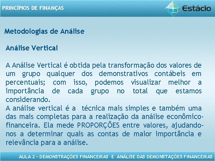 PRINCÍPIOS DE FINANÇAS Metodologias de Análise Vertical A Análise Vertical é obtida pela transformação