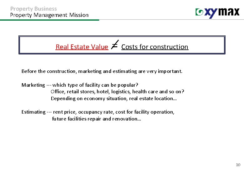 Property Business Property Management Mission Real Estate Value = Costs for construction Before the