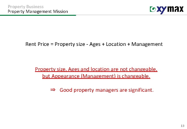 Property Business Property Management Mission Rent Price = Property size - Ages + Location