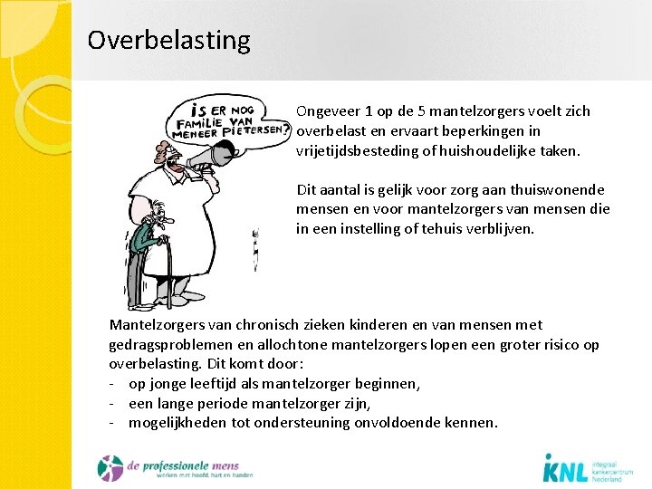 Overbelasting Ongeveer 1 op de 5 mantelzorgers voelt zich overbelast en ervaart beperkingen in