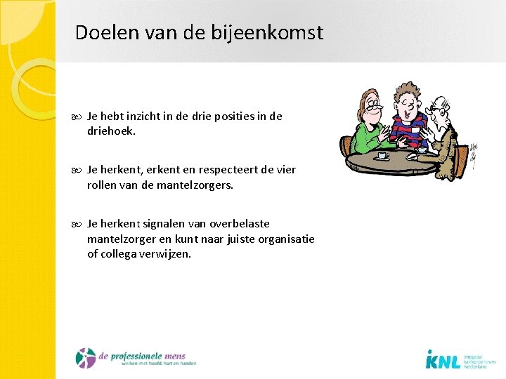 Doelen van de bijeenkomst Je hebt inzicht in de drie posities in de driehoek.