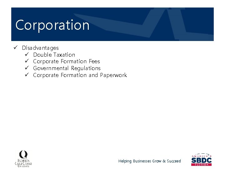 Corporation ü Disadvantages ü Double Taxation ü Corporate Formation Fees ü Governmental Regulations ü