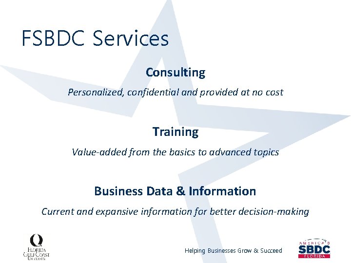 FSBDC Services Consulting Personalized, confidential and provided at no cost Training Value-added from the