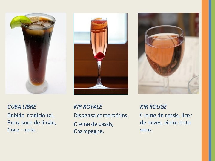 CUBA LIBRE Bebida tradicional, Rum, suco de limão, Coca – cola. KIR ROYALE Dispensa